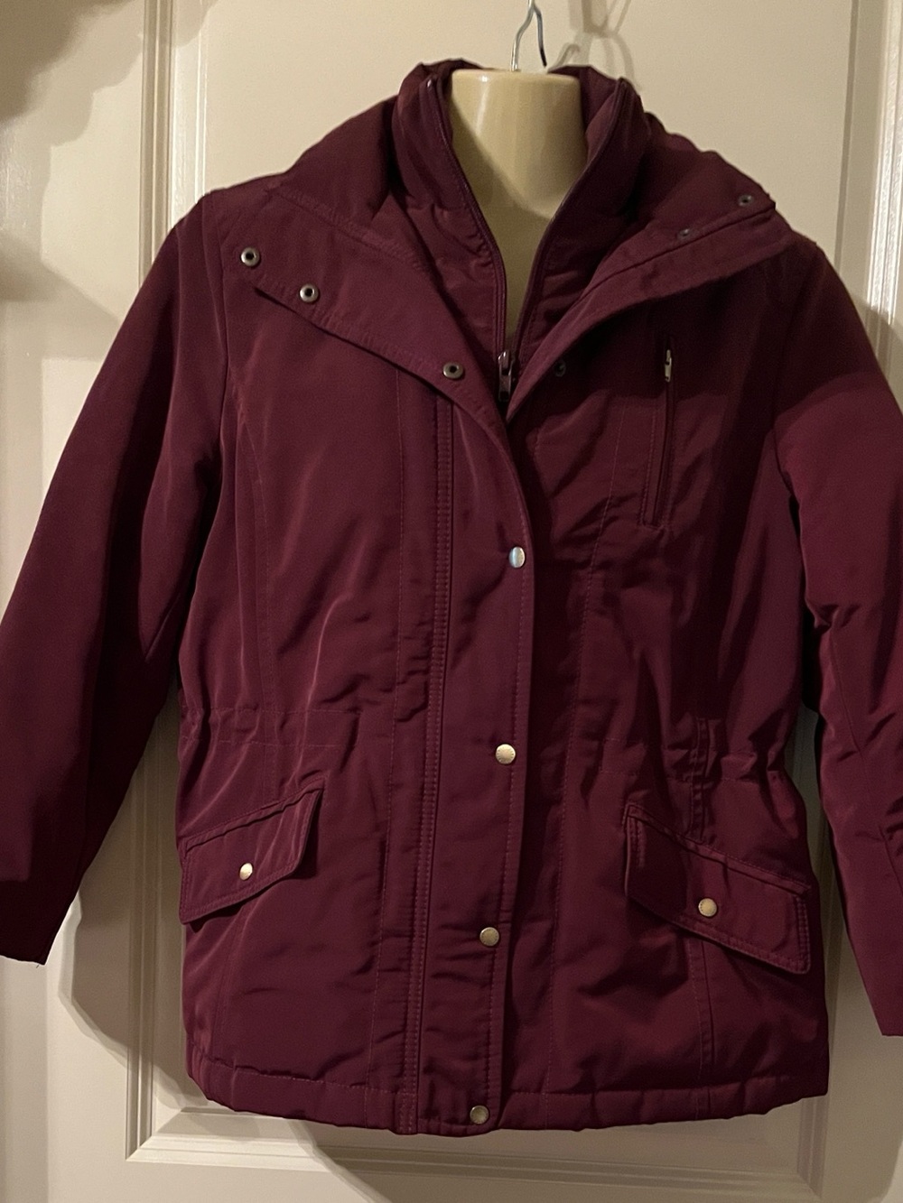 Talbots Burgundy Quilted Down Filled Cinched Coat Womens Size Petite Medium